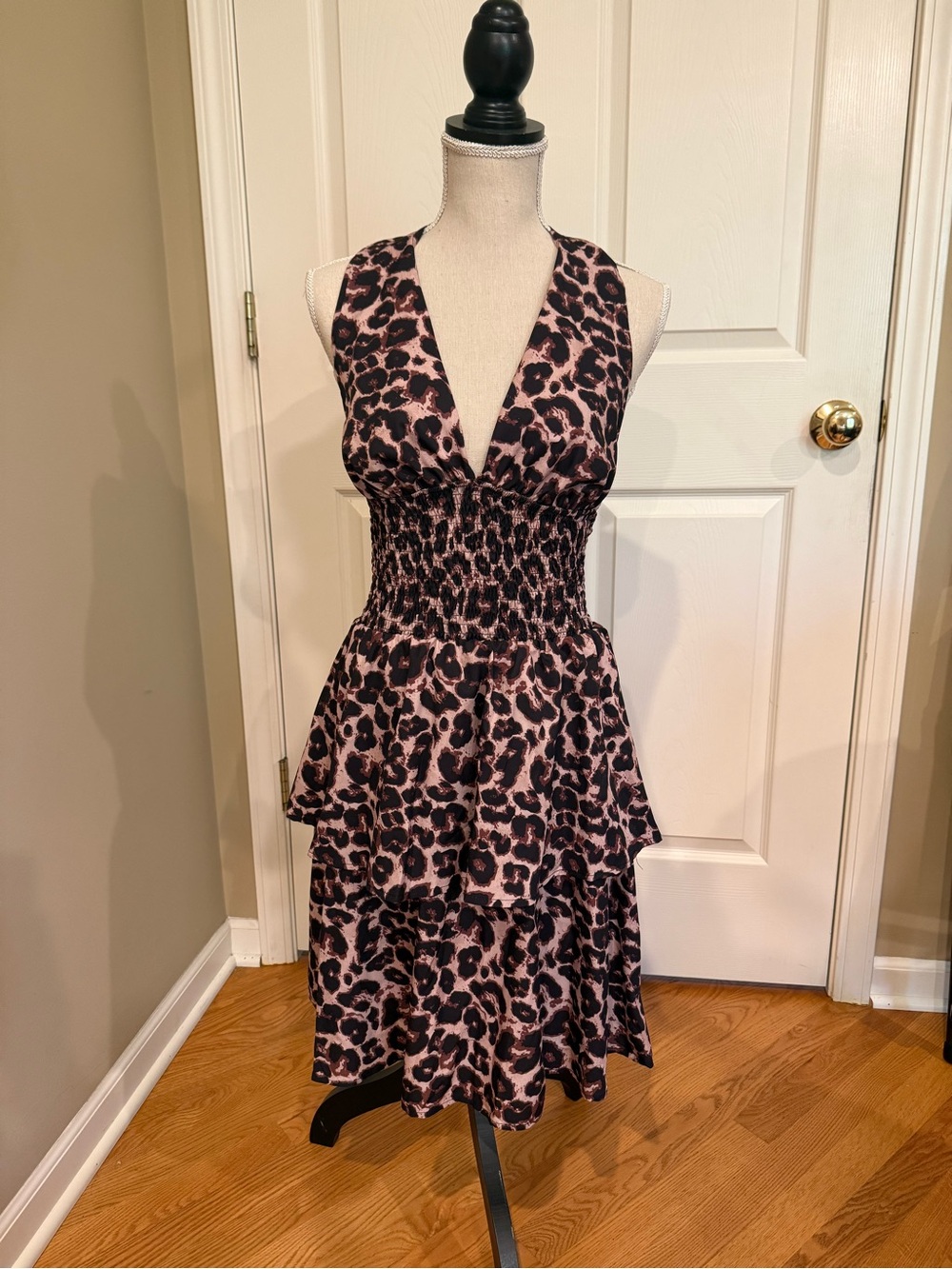 Pink Black Leopard Print Halter Dress Smocked Waist Tiered Ruffle